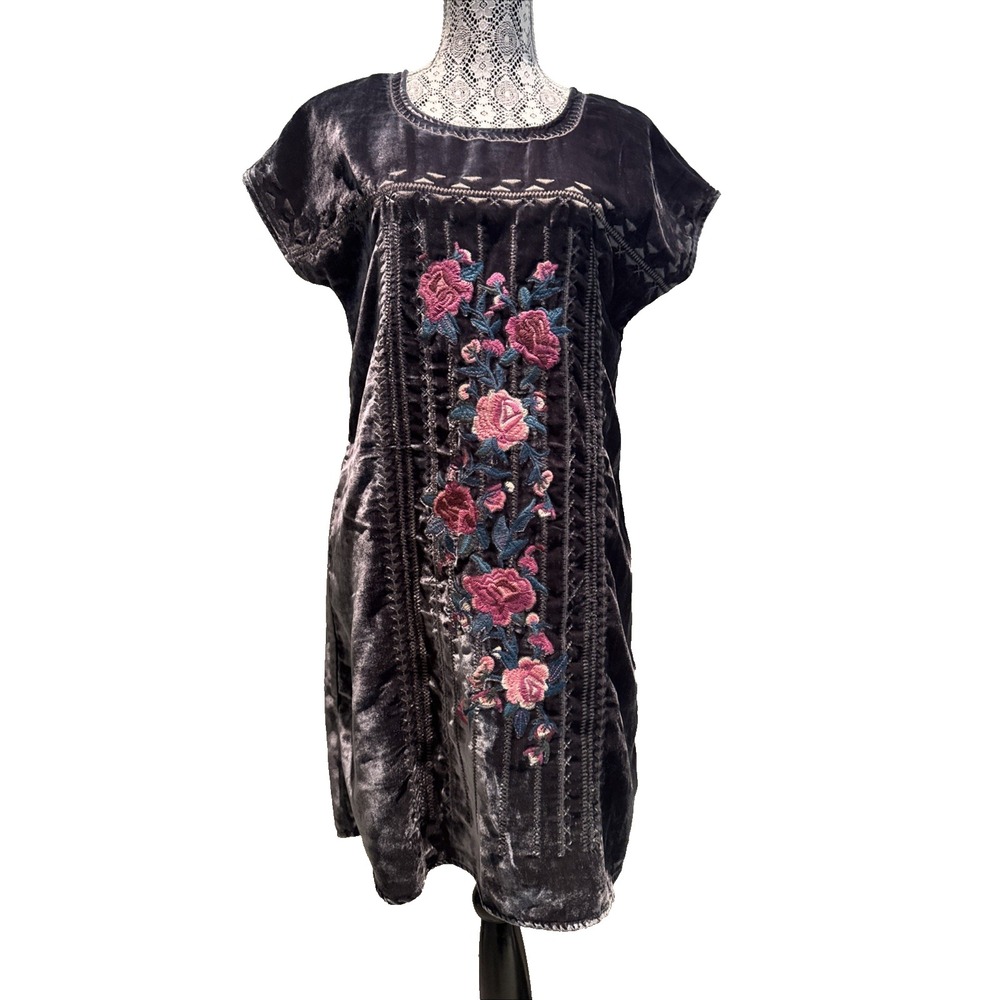 Chelsea & Theodore Grey & Pink Velvet Mini dress embroidery XS Floral peasant